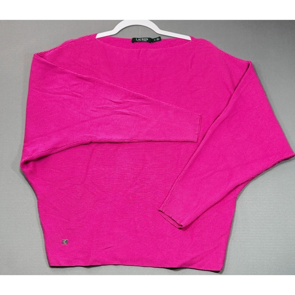 Lauren Ralph Lauren Hot Pink Ribbed Knit Dolman Sweater Boatneck Women's Medium - Picture 9 of 12